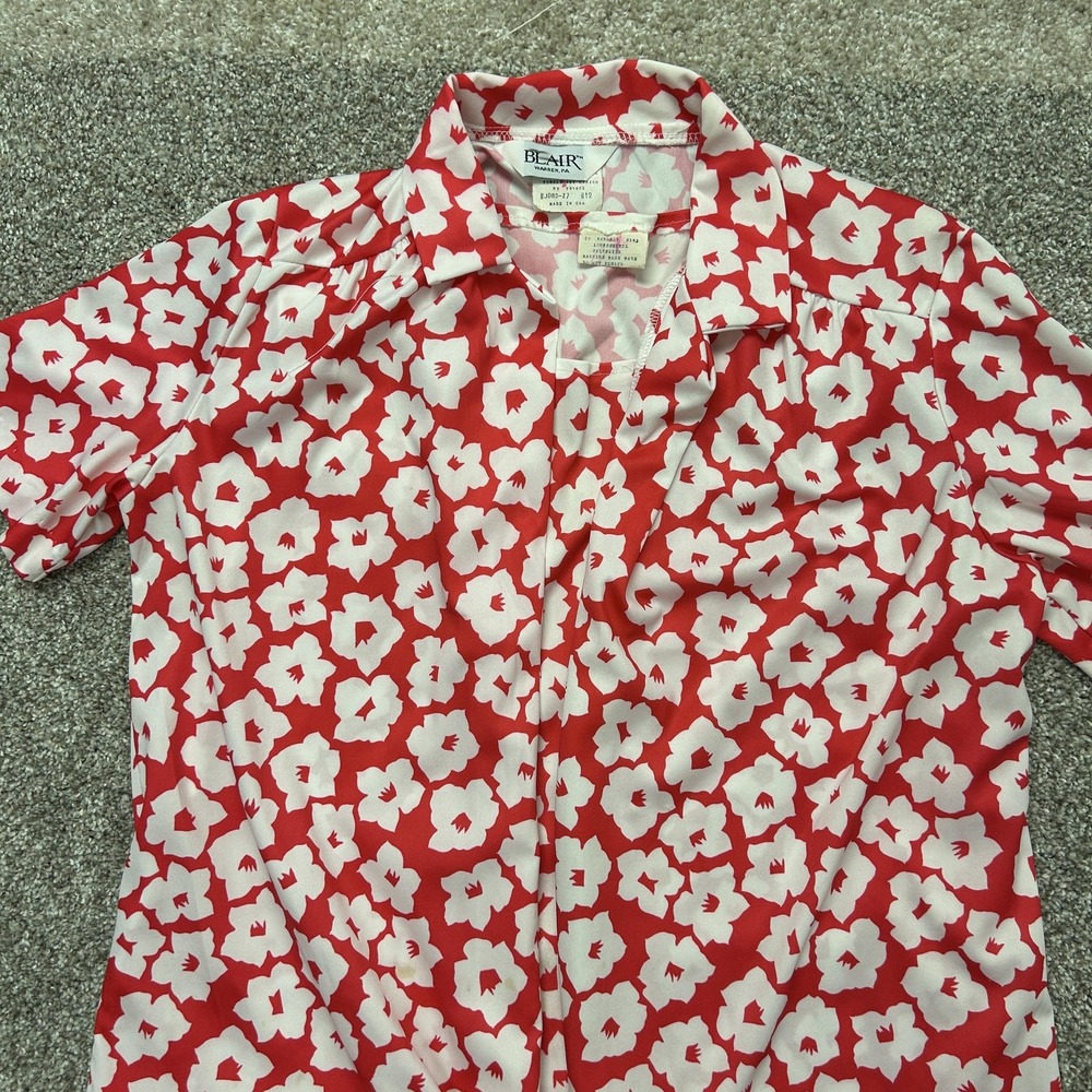 Vintage Blair Shirt Skirt Set Womens 12 Red Floral Short Sleeve Polyester USA